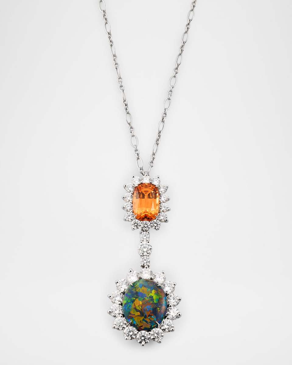 18K White Gold BlacK Opal Garnet and Diamond Pendant Necklace